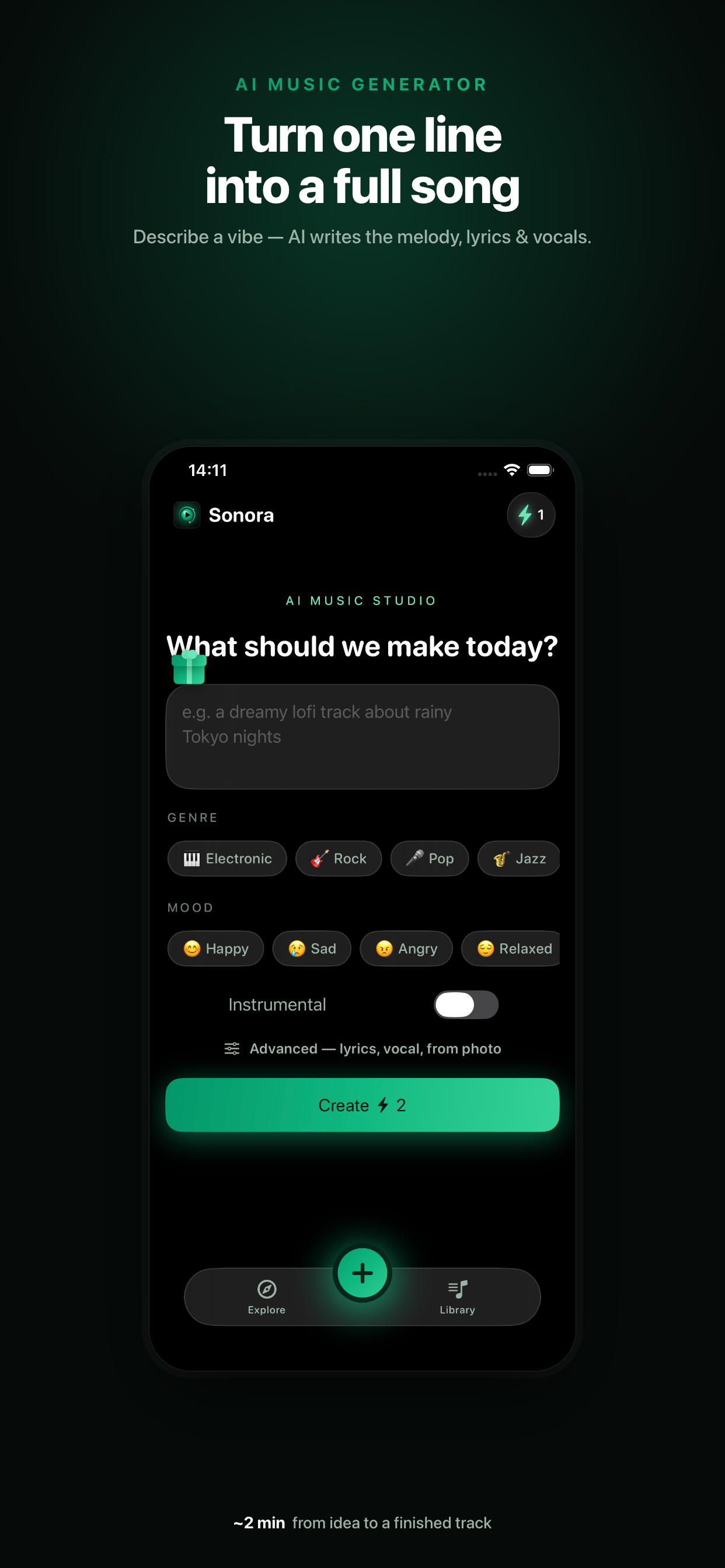 Sonora Create screen — describe a vibe and AI composes the song