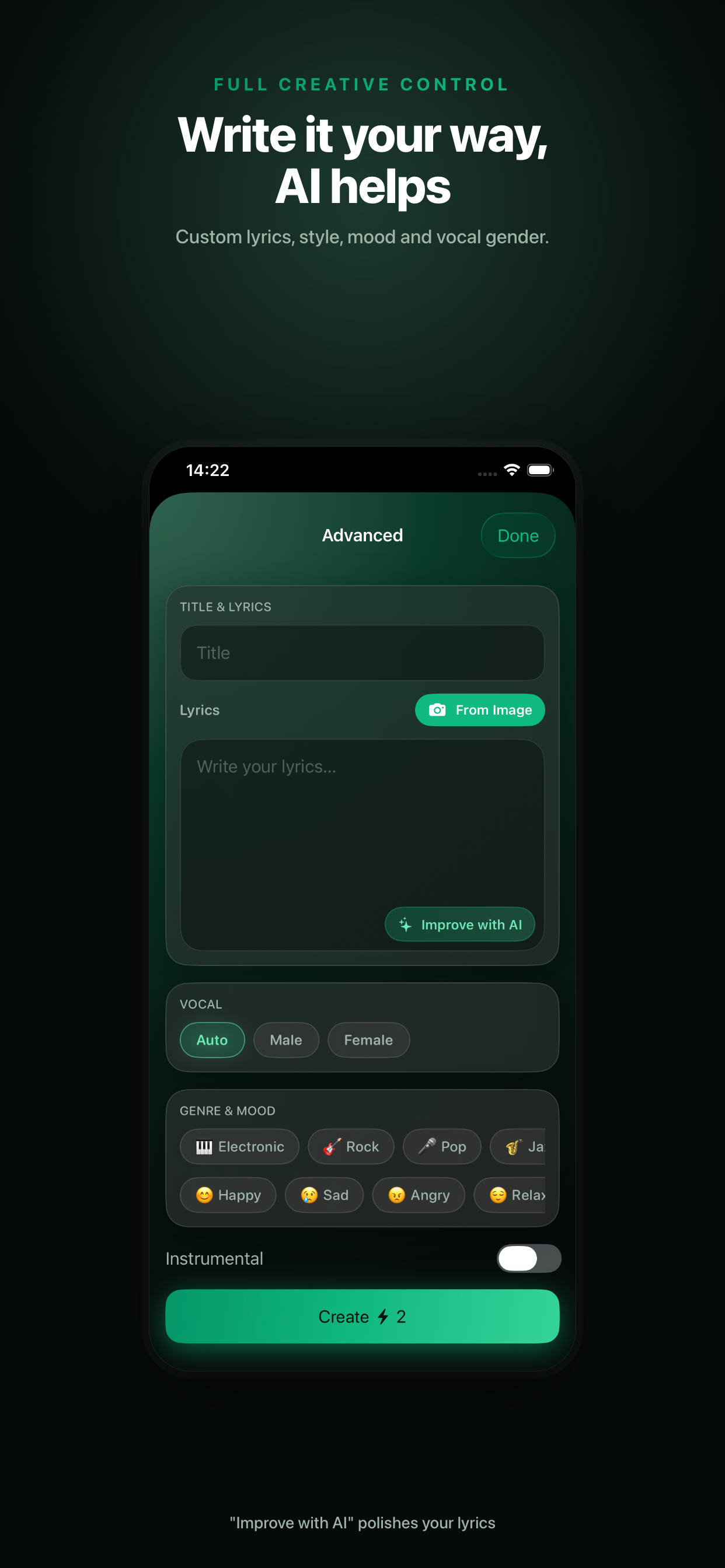 Sonora Custom create mode — full control of lyrics, style and vocals