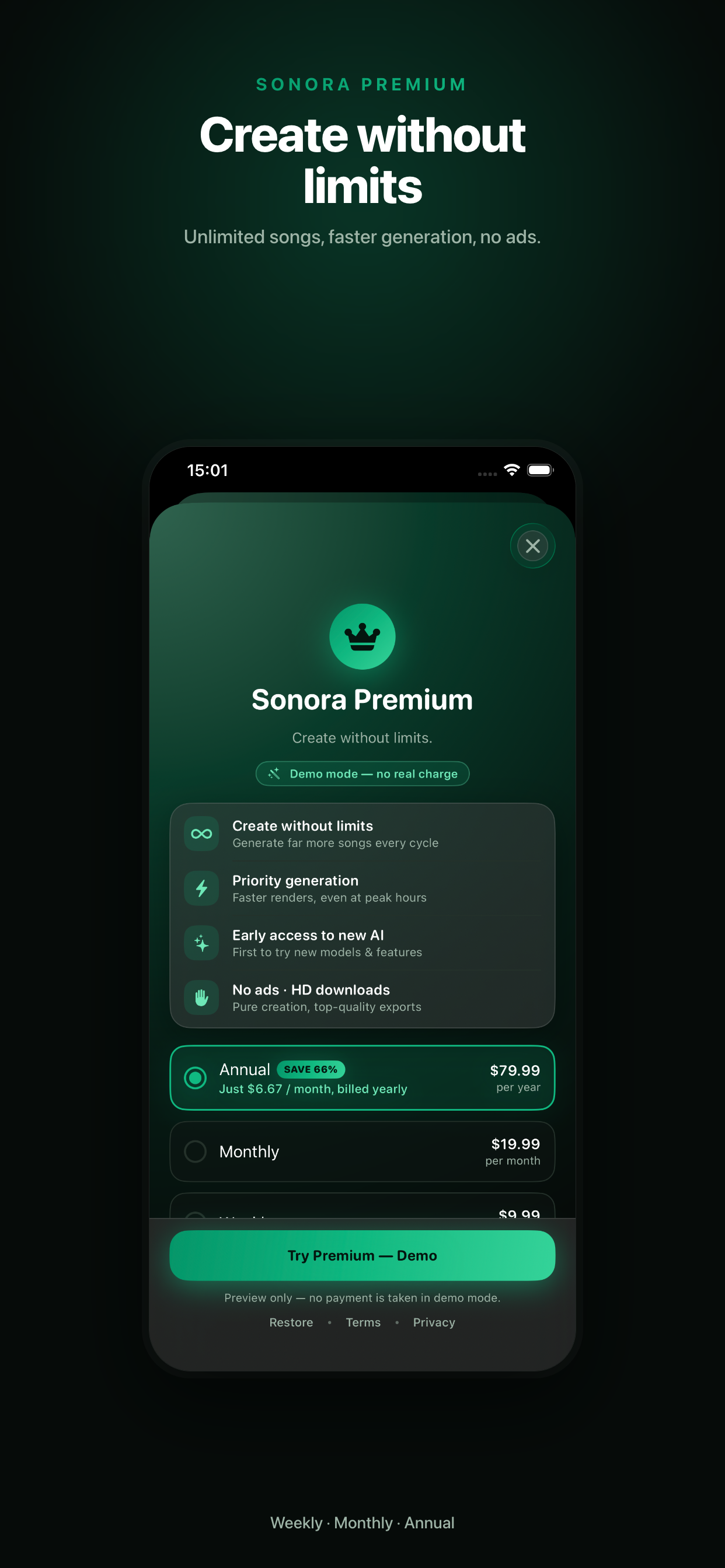 Sonora Premium — unlimited generation and faster output